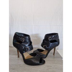 Coach Black Leather Ankle Buckle Strap Cutout Peep Toe Stiletto 4" Heels Sz 8.5B